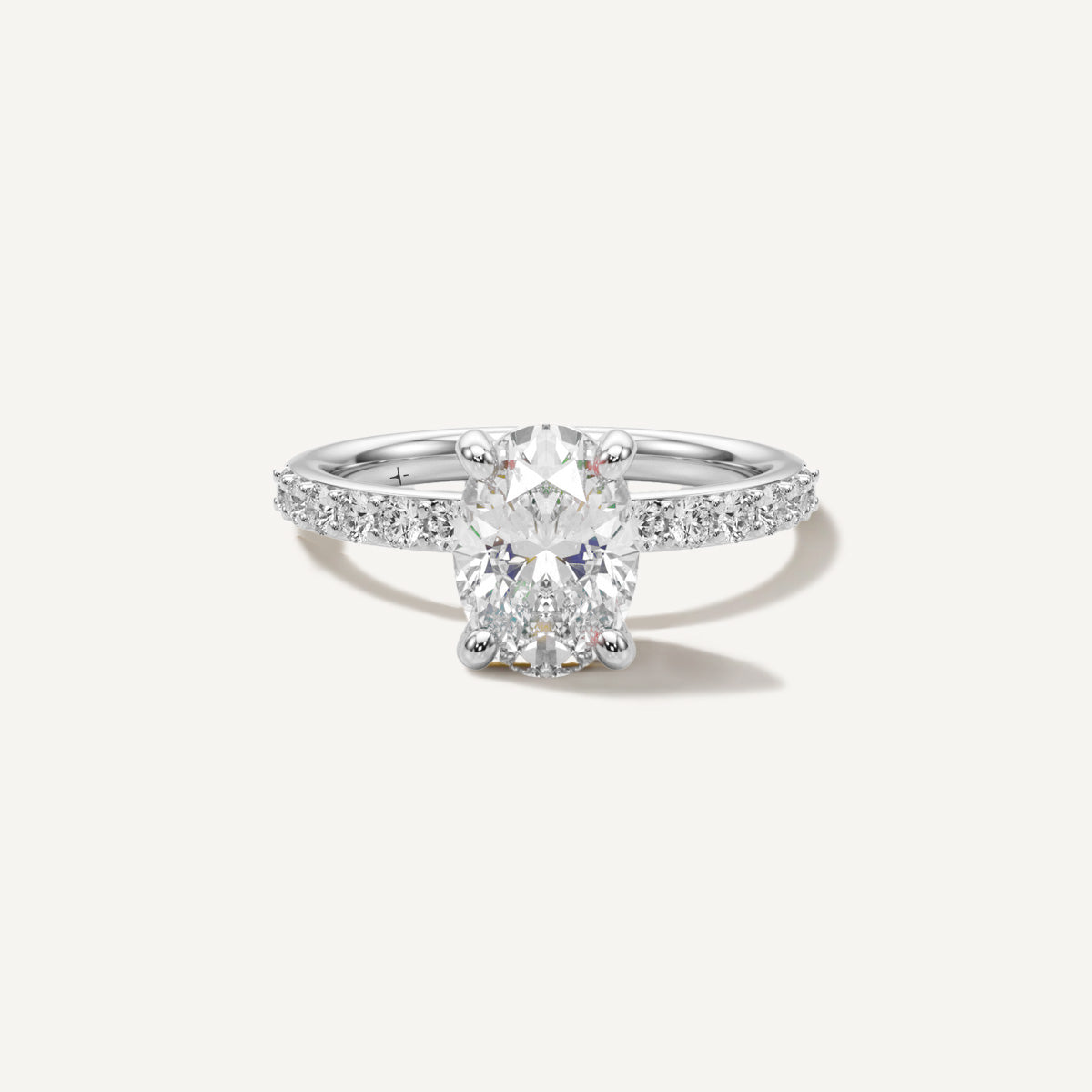 LUMEO Oval Classic Solitaire Diamond Engagement Ring with Diamond Band Front View in Platinum or 18k Solid White Gold 