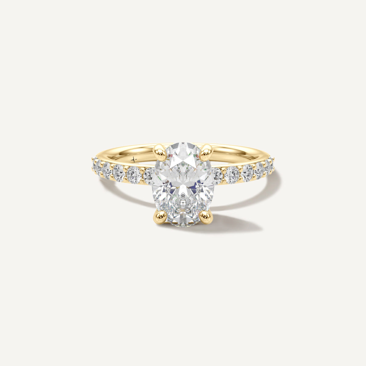 LUMEO Oval Classic Solitaire Diamond Engagement Ring with Diamond Band Front View in 18k Solid Yellow Gold 