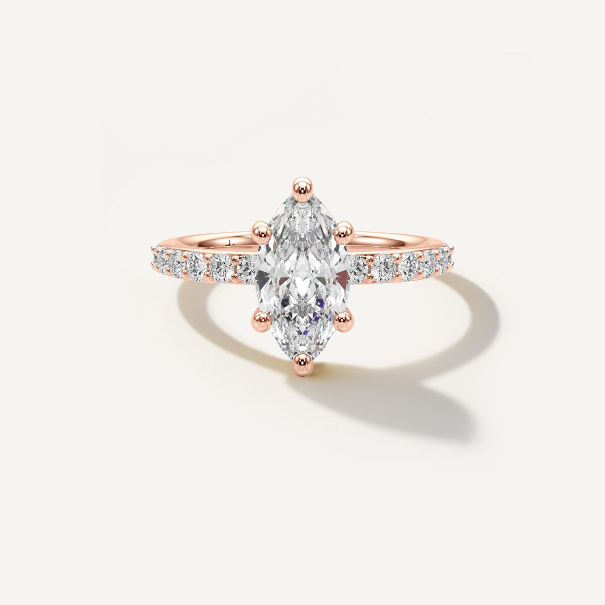 LUMEO Marquise Classic Solitaire Diamond Engagement Ring with Diamond Band Front View in 18k Solid Rose Gold 
