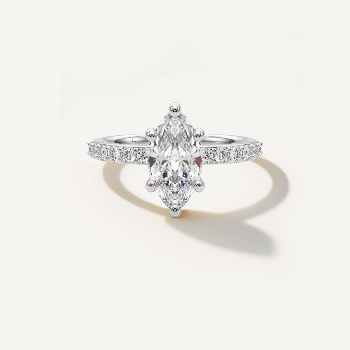 LUMEO Marquise Classic Solitaire Diamond Engagement Ring with Diamond Band Front View in Platinum or 18k Solid White Gold 