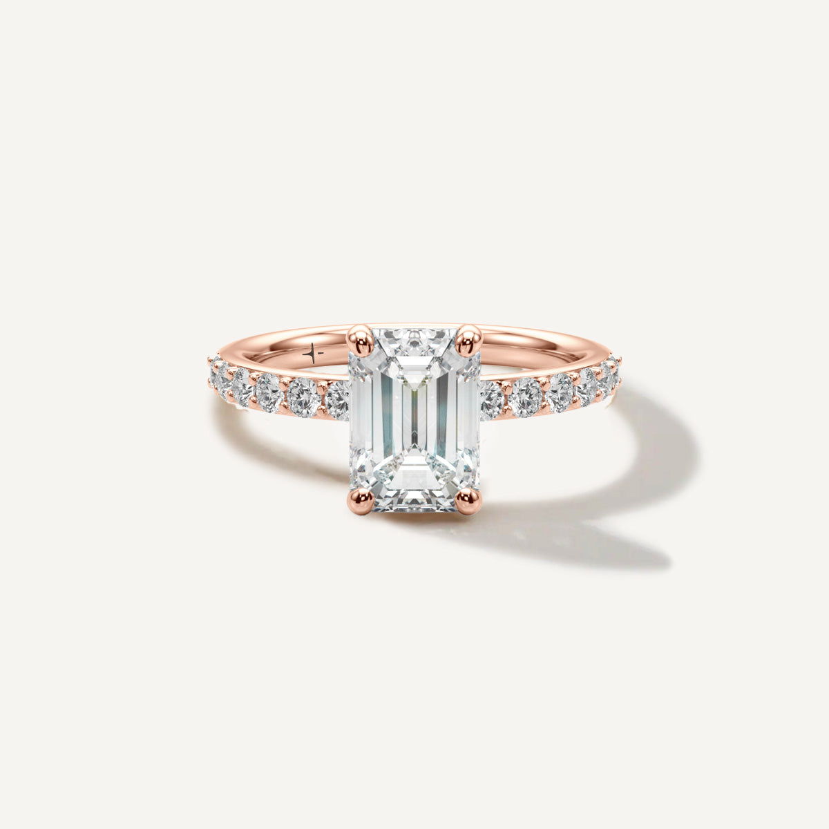 LUMEO Emerald Classic Solitaire Diamond Engagement Ring with Diamond Band Front View in 18k Solid Rose Gold 