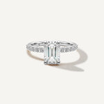 LUMEO Emerald Classic Solitaire Diamond Engagement Ring with Diamond Band Front View in Platinum or 18k Solid White Gold 