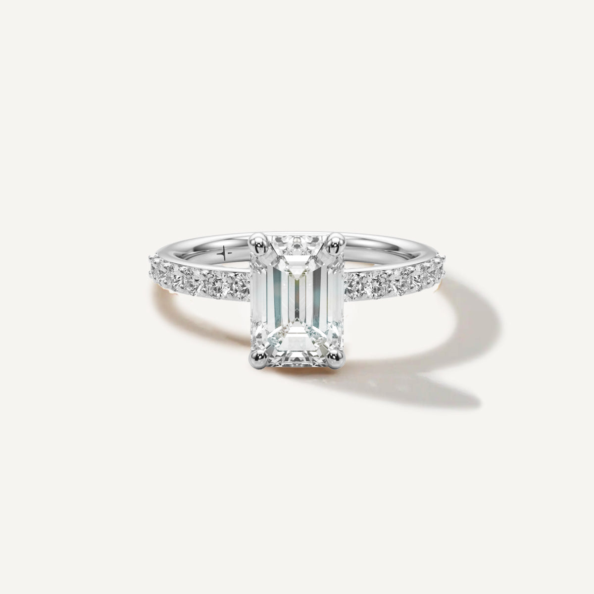 LUMEO Emerald Classic Solitaire Diamond Engagement Ring with Diamond Band Front View in Platinum or 18k Solid White Gold 
