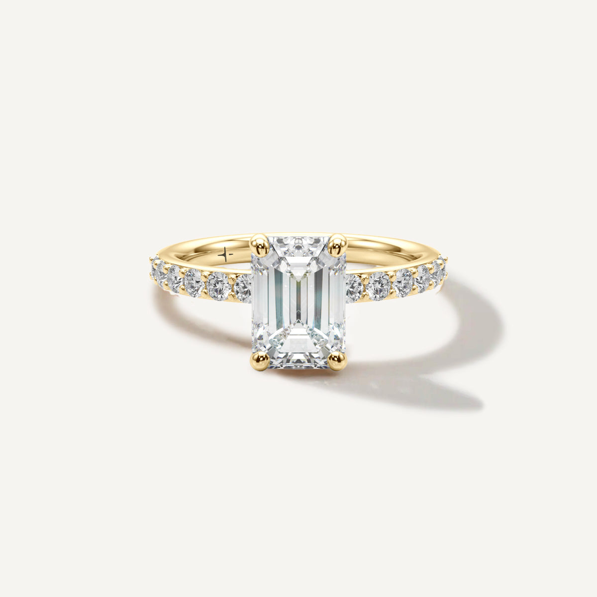 LUMEO Emerald Classic Solitaire Diamond Engagement Ring with Diamond Band Front View in 18k Solid Yellow Gold 
