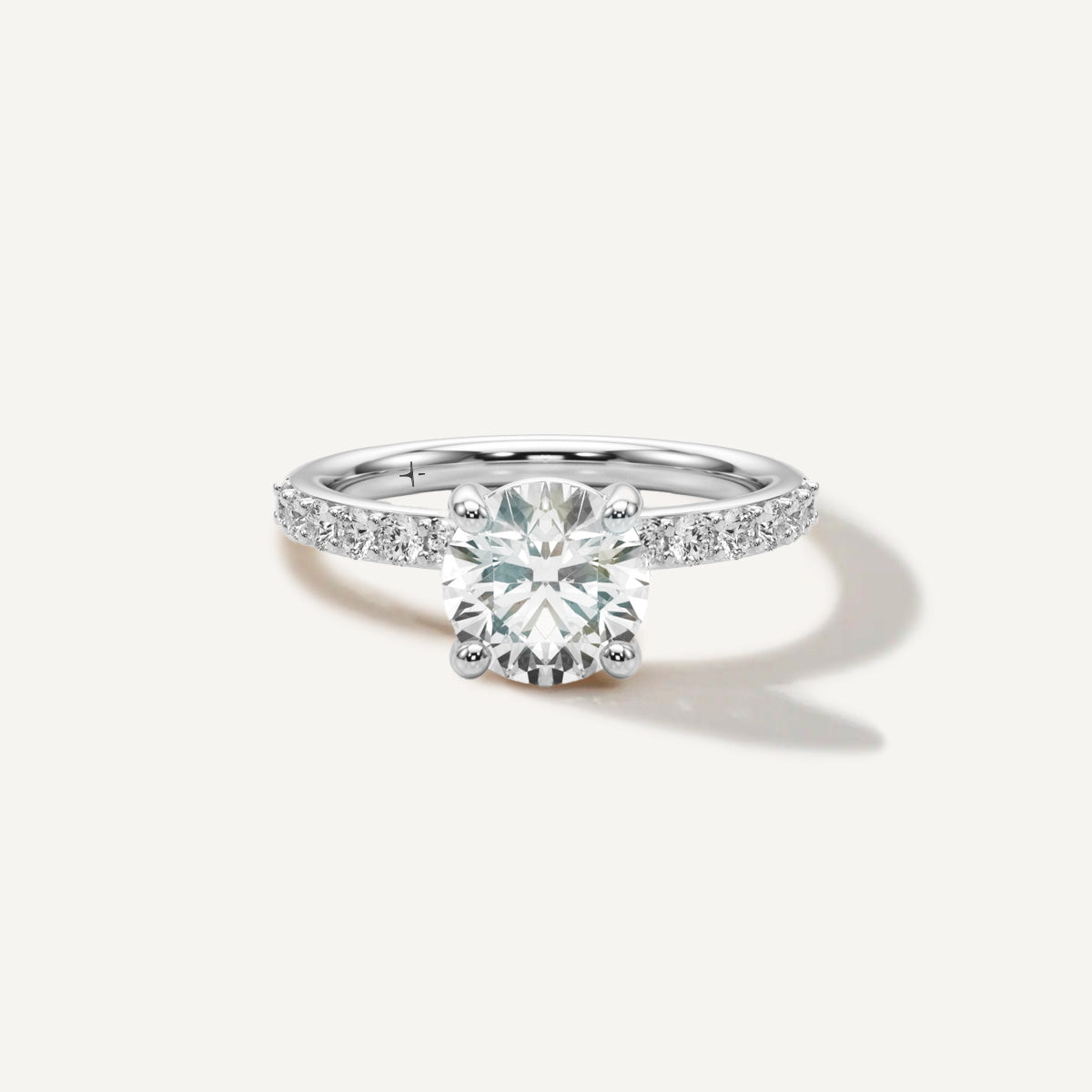 LUMEO Round Classic Solitaire Diamond Engagement Ring with Diamond Band Front View in Platinum or 18k Solid White Gold 