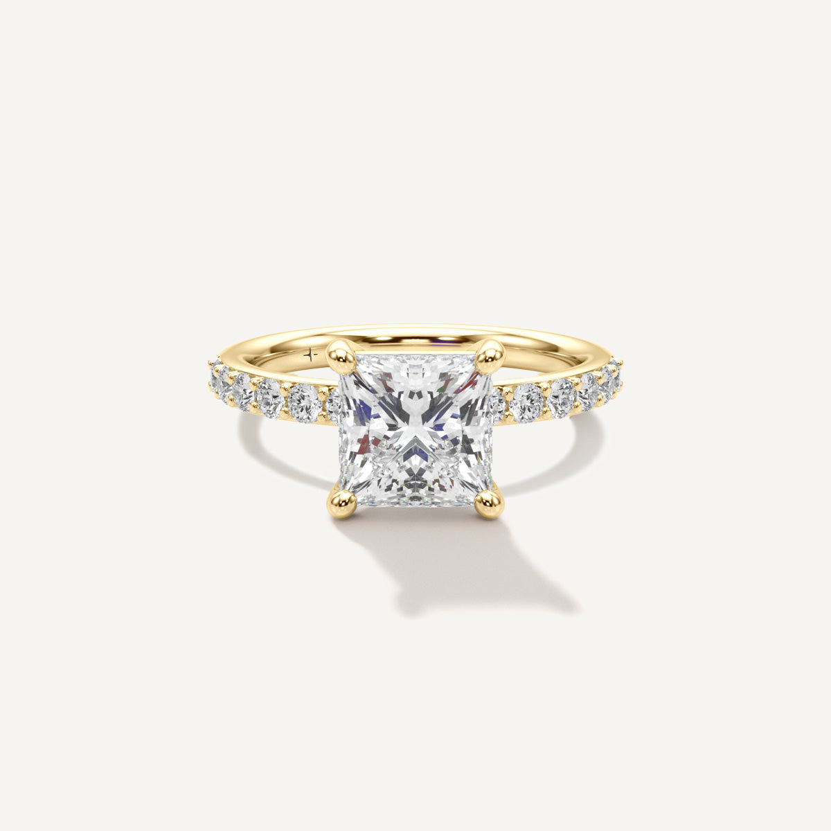 LUMEO Princess Classic Solitaire Diamond Engagement Ring with Diamond Band Front View in 18k Solid Yellow Gold 