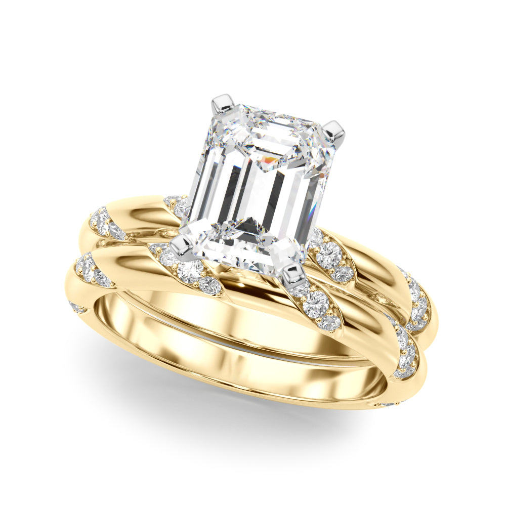 LUMEO Emerald Solitaire Diamond Engagement Ring Set in 18k Solid Yellow Gold 