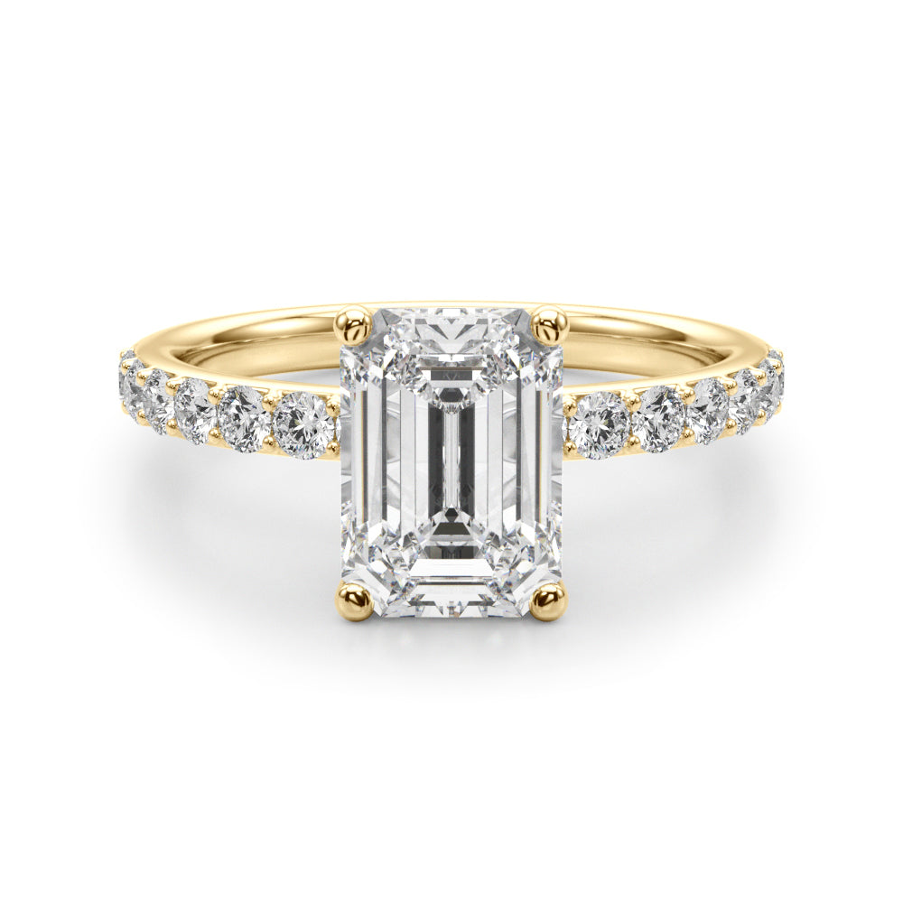 LUMEO Emerald Hidden Halo Diamond Engagement Ring Angle View in 18k Solid Yellow Gold 