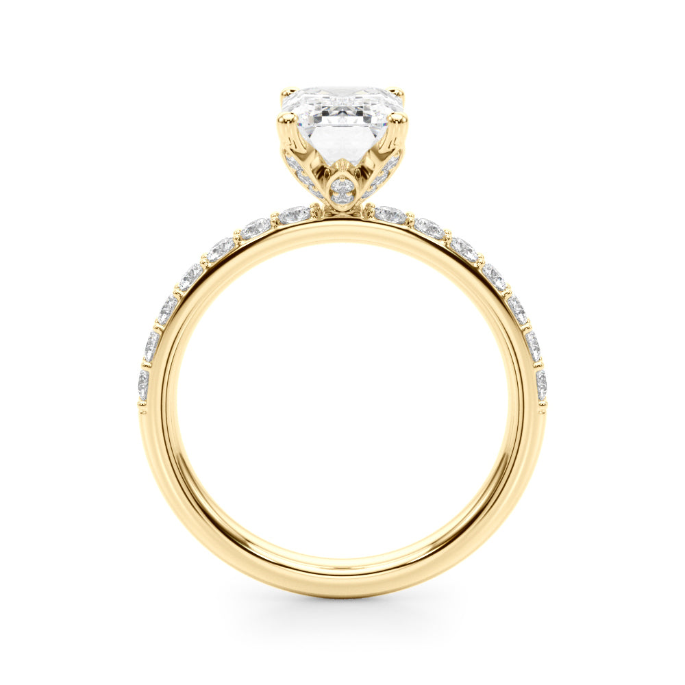 LUMEO Emerald Hidden Halo Diamond Engagement Ring Side View in 18k Solid Yellow Gold 