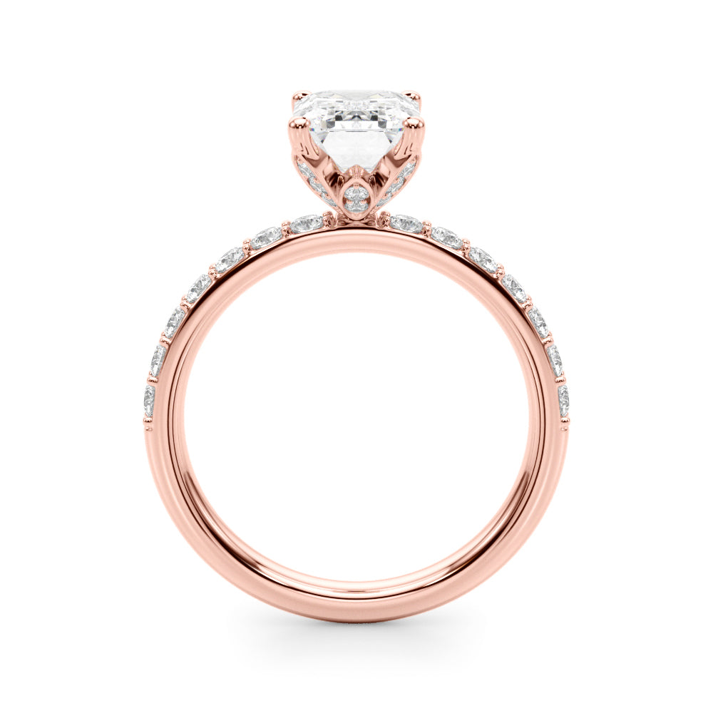 LUMEO Emerald Hidden Halo Diamond Engagement Ring Side View in 18k Solid Rose Gold 