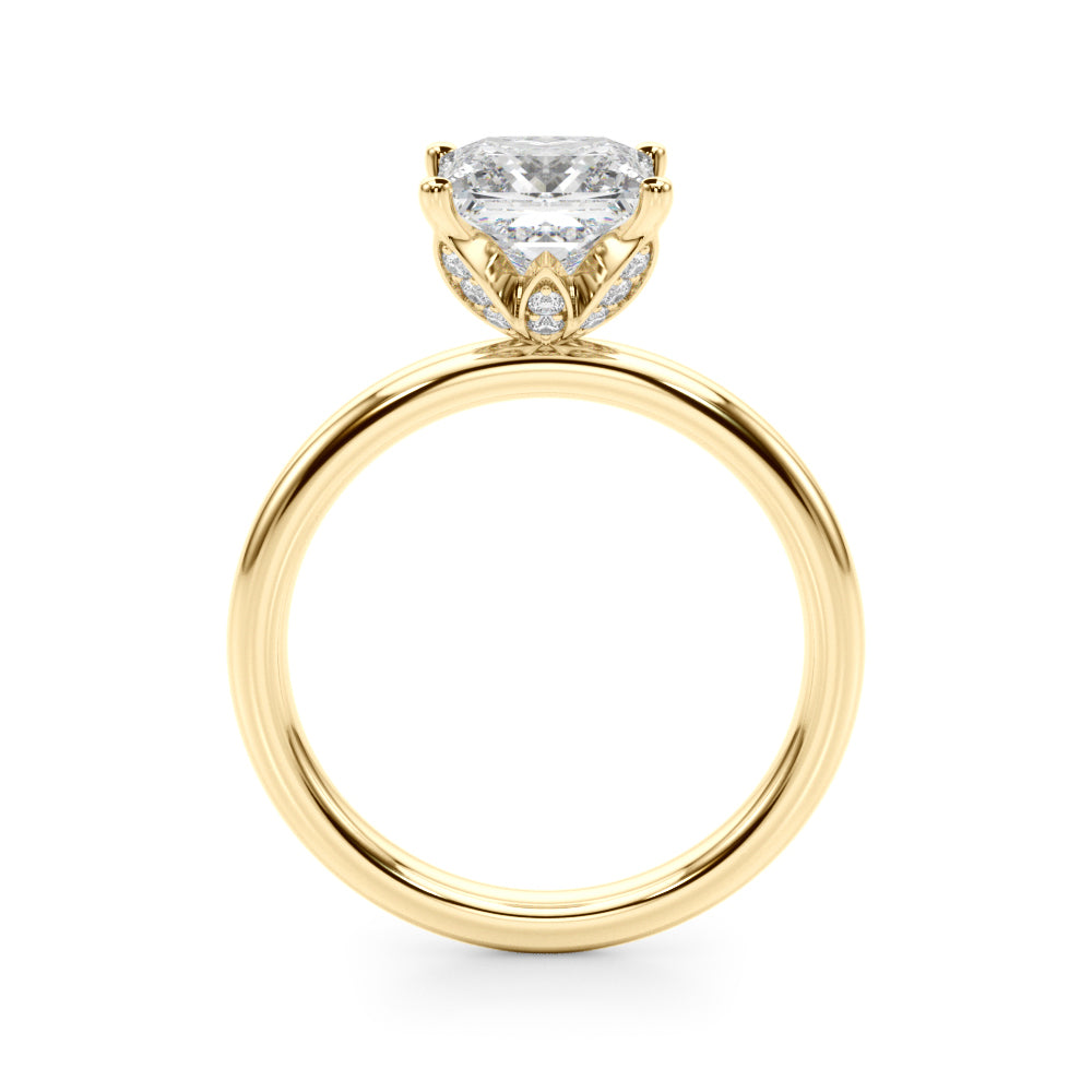 LUMEO Princess Hidden Halo Diamond Engagement Ring Side View in 18k Solid Yellow Gold 