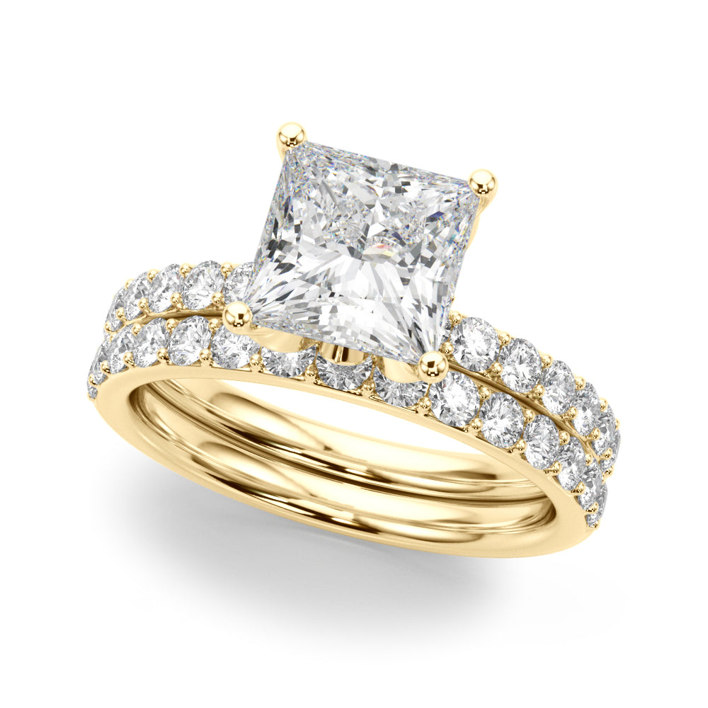LUMEO Princess Hidden Halo Diamond Engagement Ring Set in 18k Solid Yellow Gold 