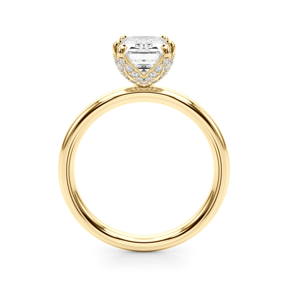 LUMEO Emerald Hidden Halo Diamond Engagement Ring Side View in 18k Solid Yellow Gold 