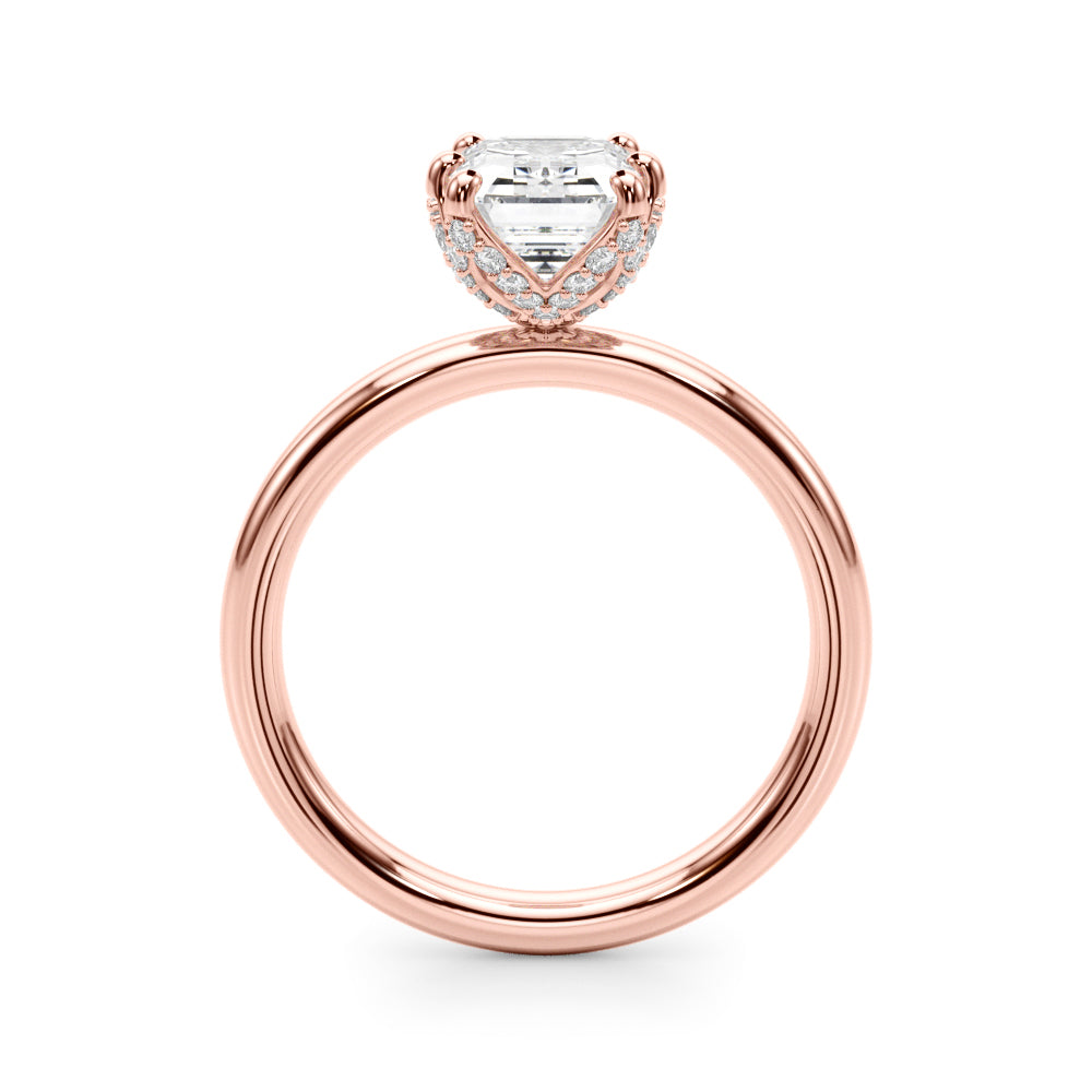 LUMEO Emerald Hidden Halo Diamond Engagement Ring Side View in 18k Solid Rose Gold 