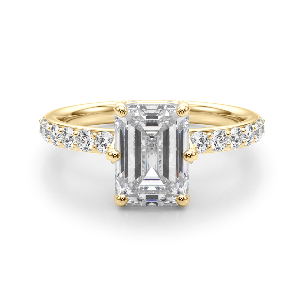 LUMEO Emerald Hidden Halo Diamond Engagement Ring Angle View in 18k Solid Yellow Gold 