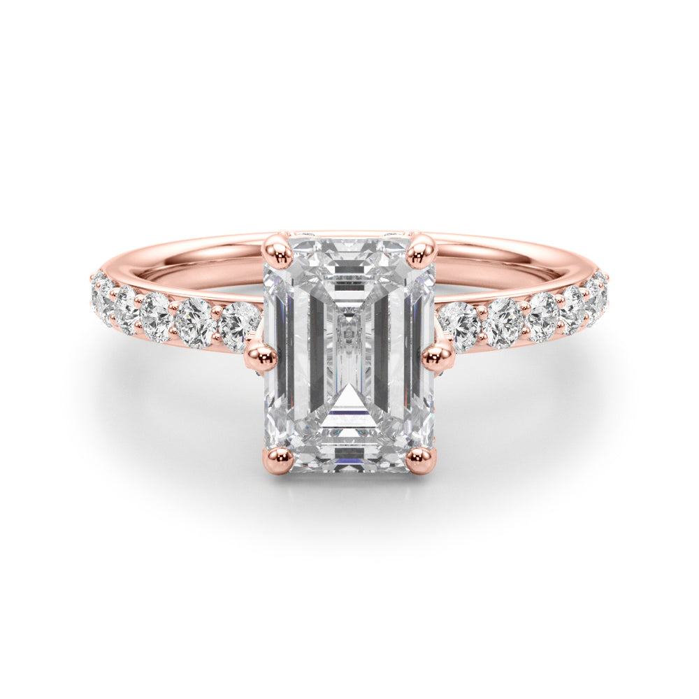 LUMEO Emerald Hidden Halo Diamond Engagement Ring Angle View in 18k Solid Rose Gold 