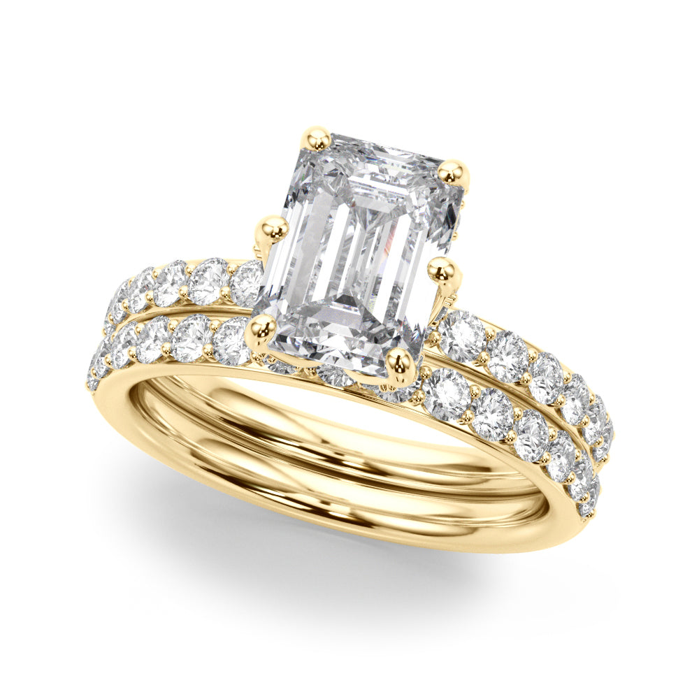 LUMEO Emerald Hidden Halo Diamond Engagement Ring Set in 18k Solid Yellow Gold 