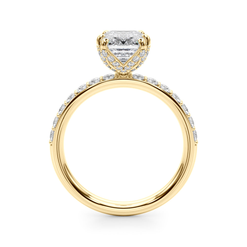 LUMEO Emerald Hidden Halo Diamond Engagement Ring Side View in 18k Solid Yellow Gold 