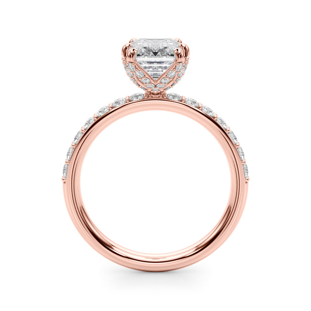 LUMEO Emerald Hidden Halo Diamond Engagement Ring Side View in 18k Solid Rose Gold 