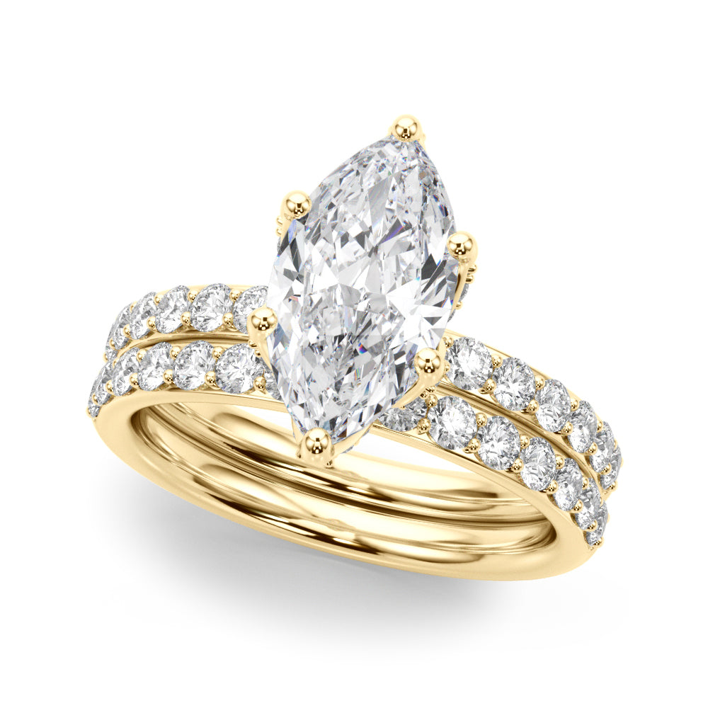LUMEO Marquise Hidden Halo Diamond Engagement Ring Set in 18k Solid Yellow Gold 