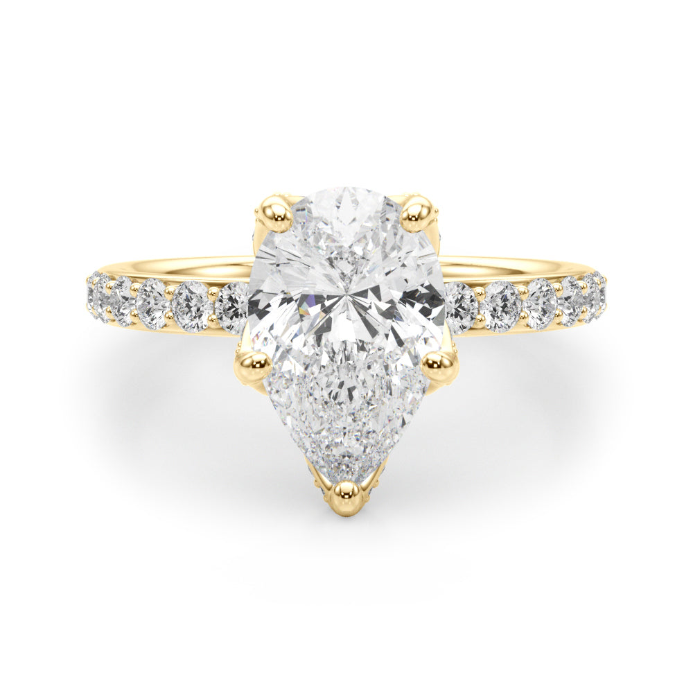 LUMEO Pear Hidden Halo Diamond Engagement Ring Angle View in 18k Solid Yellow Gold 