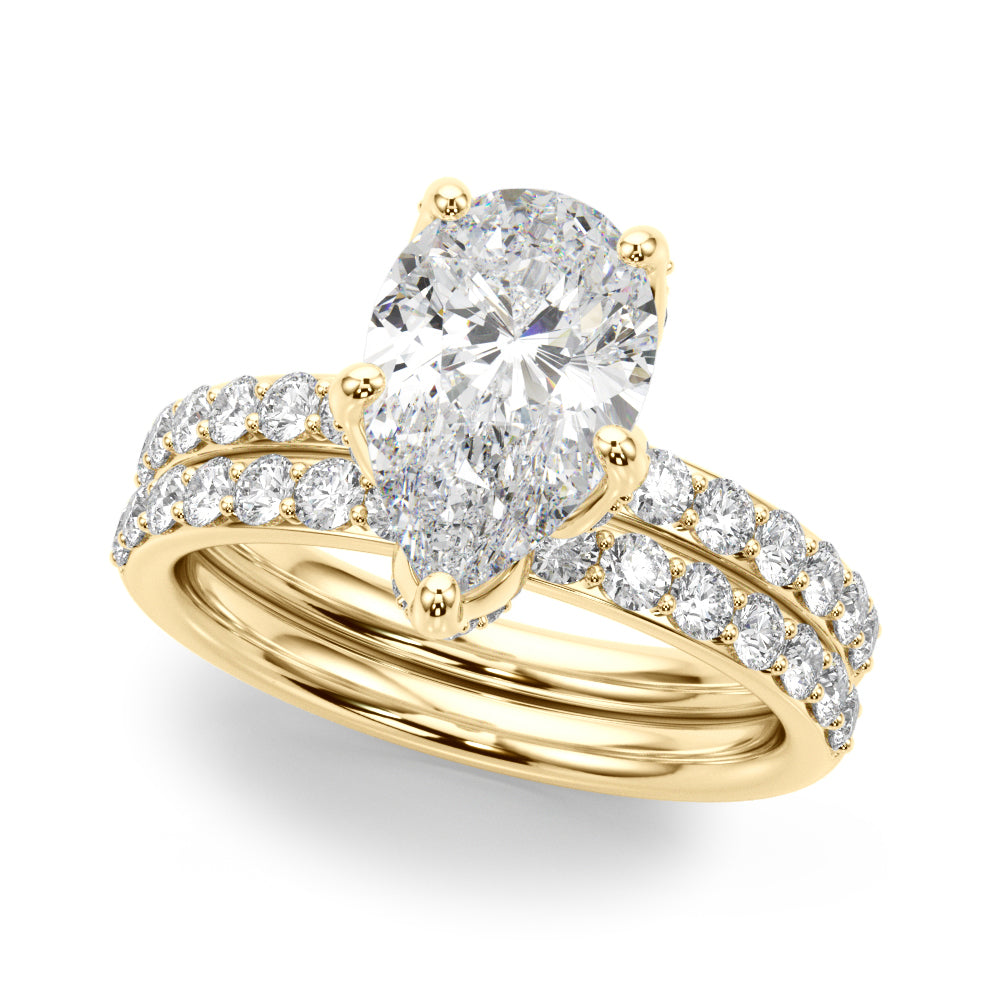 LUMEO Pear Hidden Halo Diamond Engagement Ring Set in 18k Solid Yellow Gold 