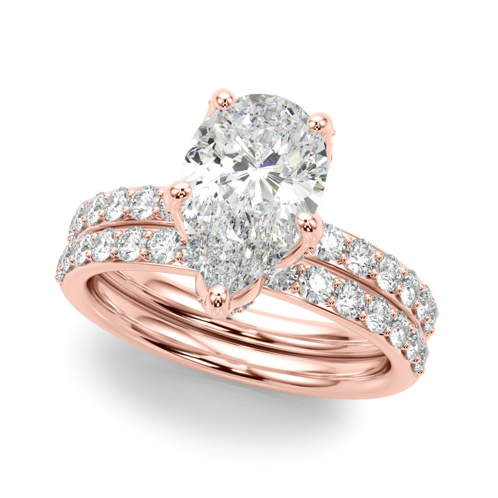 LUMEO Pear Hidden Halo Diamond Engagement Ring Set in 18k Solid Rose Gold 
