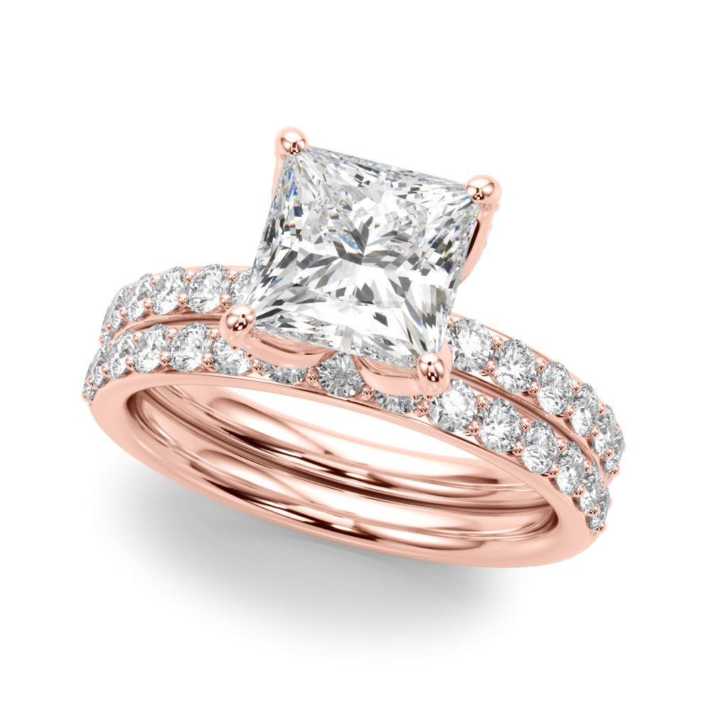 LUMEO Princess Hidden Halo Diamond Engagement Ring Set in 18k Solid Rose Gold 