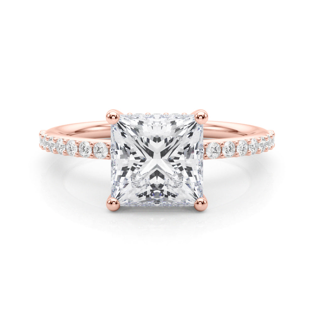 LUMEO Princess Hidden Halo Diamond Engagement Ring Set in 18k Solid Rose Gold 