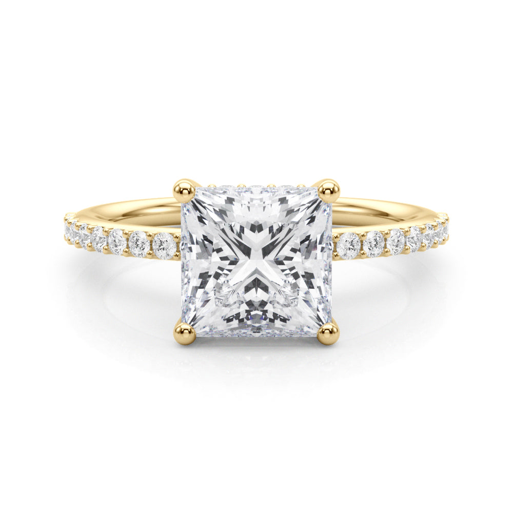 LUMEO Princess Hidden Halo Diamond Engagement Ring Set in 18k Solid Yellow Gold 