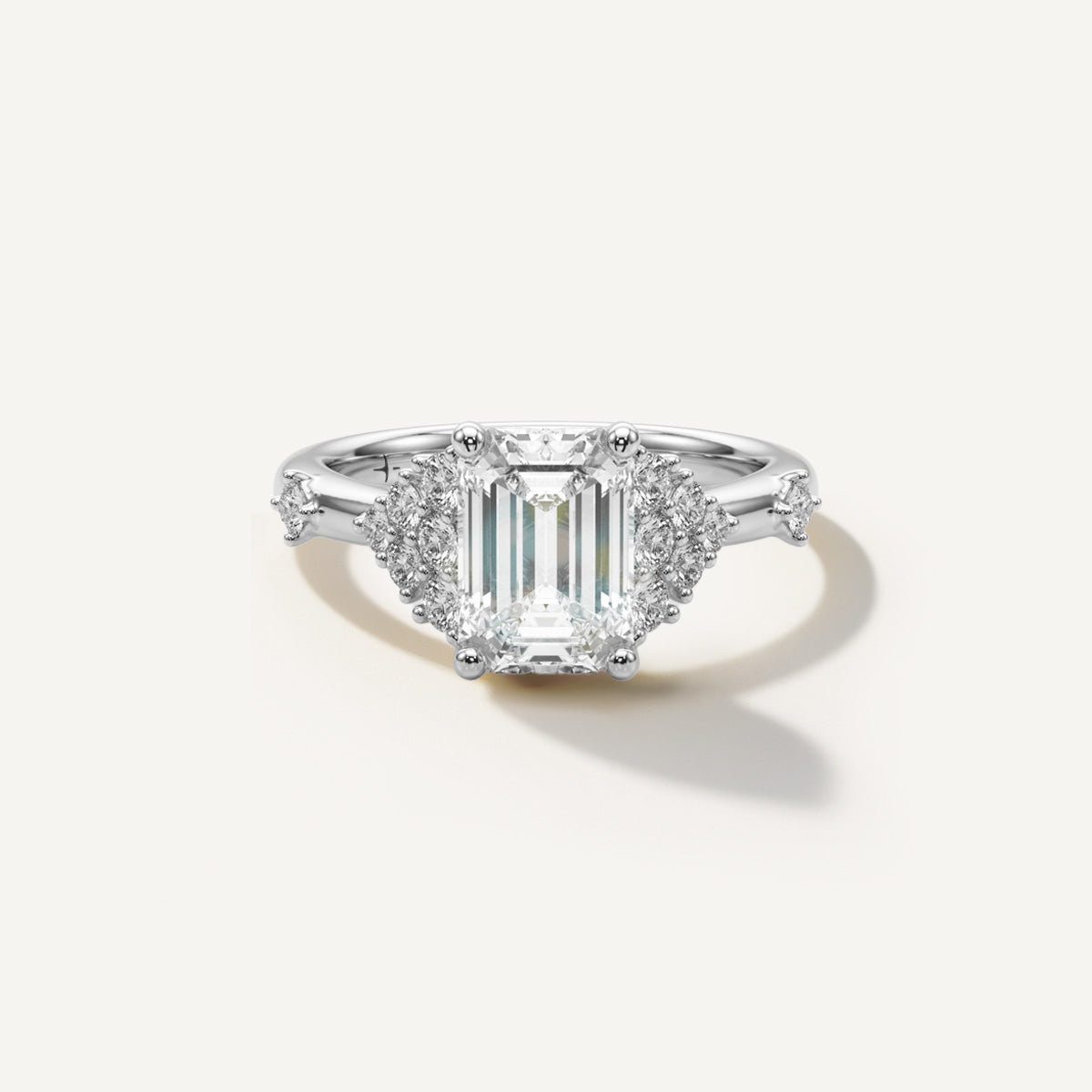 LUMEO Emerald Cluster Diamond Engagement Ring Front view in Platinum or 18k Solid White Gold 