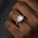 LUMEO Emerald Cluster Diamond Engagement Ring on model in 18k Solid Yellow Gold