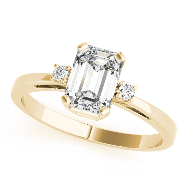 LUMEO Emerald Three Stone Diamond Engagement Ring Front View in 18k Solid Yellow Gold 