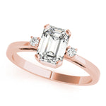 LUMEO Emerald Three Stone Diamond Engagement Ring Front View in 18k Solid Rose Gold 