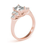 LUMEO Emerald Three Stone Diamond Engagement Ring Angle View in 18k Solid Rose Gold 