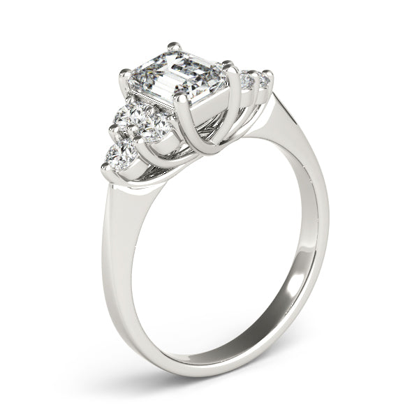 LUMEO Emerald Three Stone Diamond Engagement Ring Angle View in Platinum 