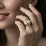 LUMEO Callie Chevron Wedding Band with engagement ring in 18k Solid Yellow Gold on model