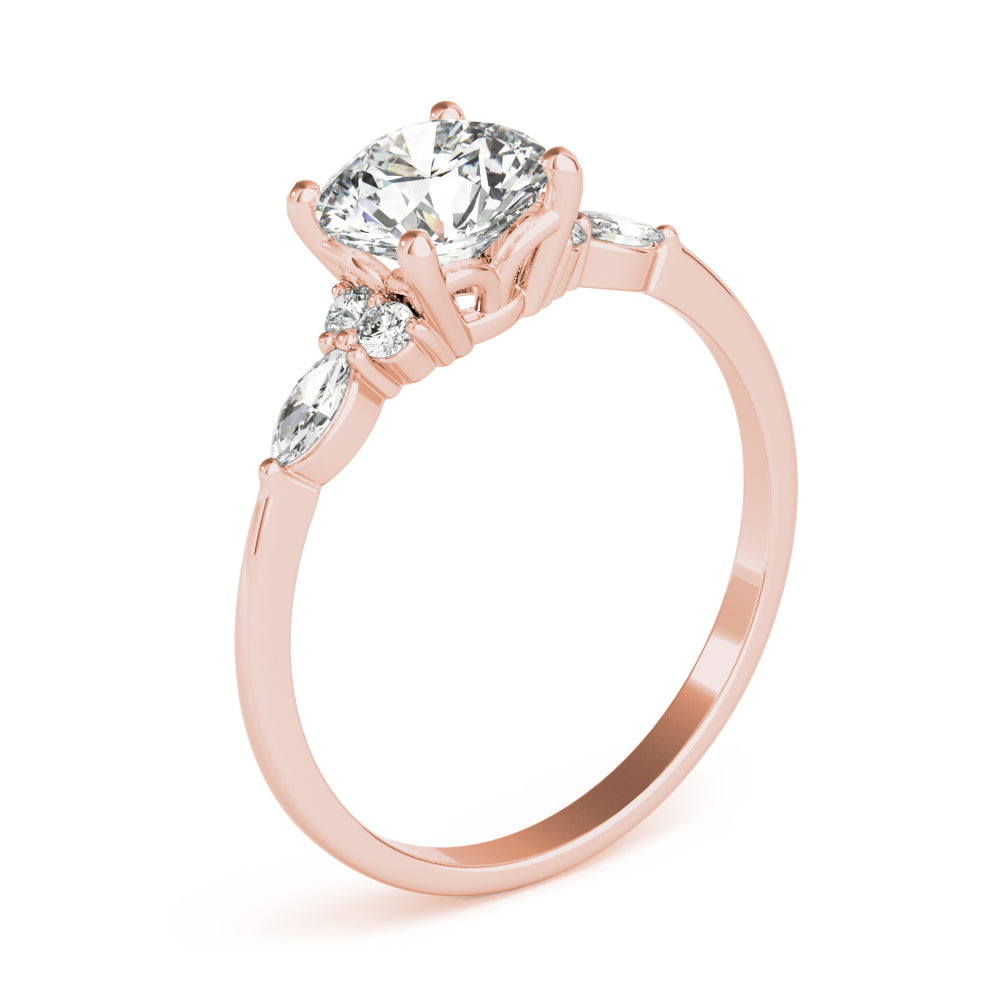 LUMEO Round Three Stone Diamond Engagement Ring Angle View in 18k Solid Rose Gold 