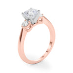 LUMEO Cushion Three Stone Diamond Engagement Ring Angle View in 18k Solid Rose Gold 