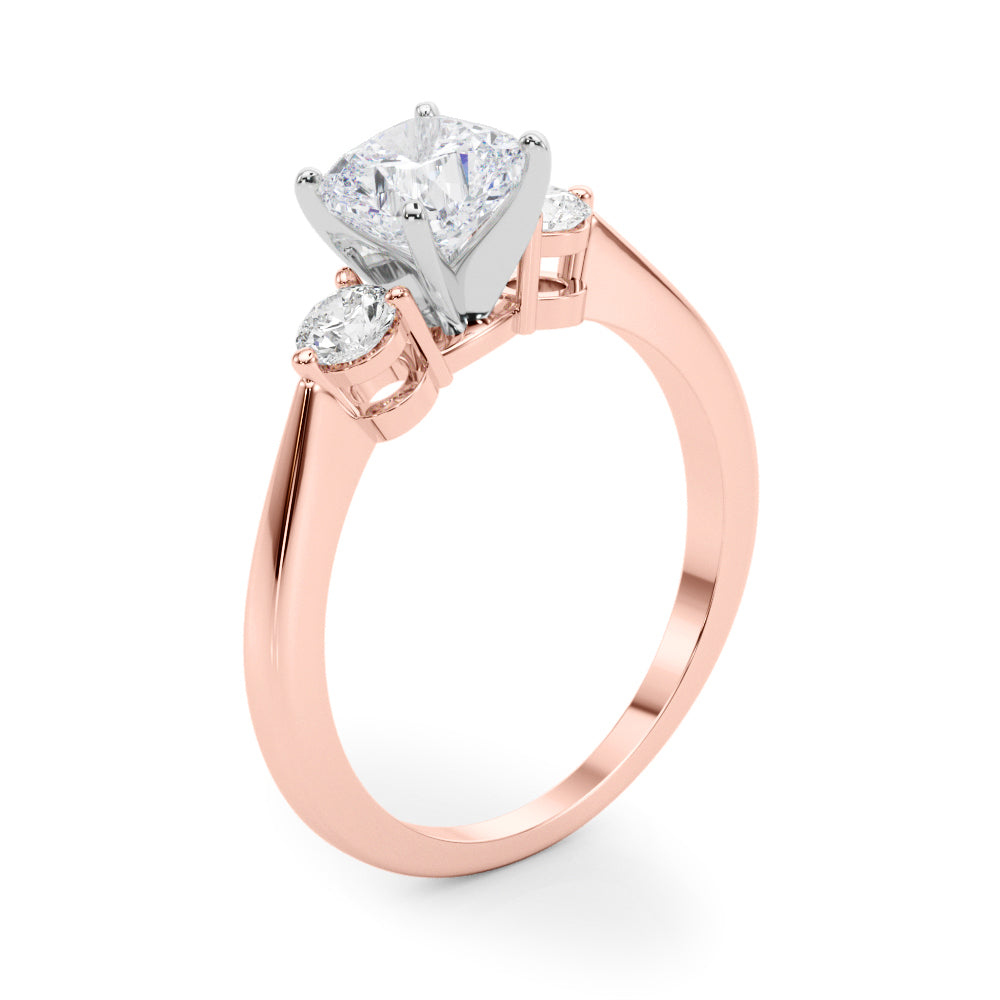 LUMEO Cushion Three Stone Diamond Engagement Ring Angle View in 18k Solid Rose Gold 