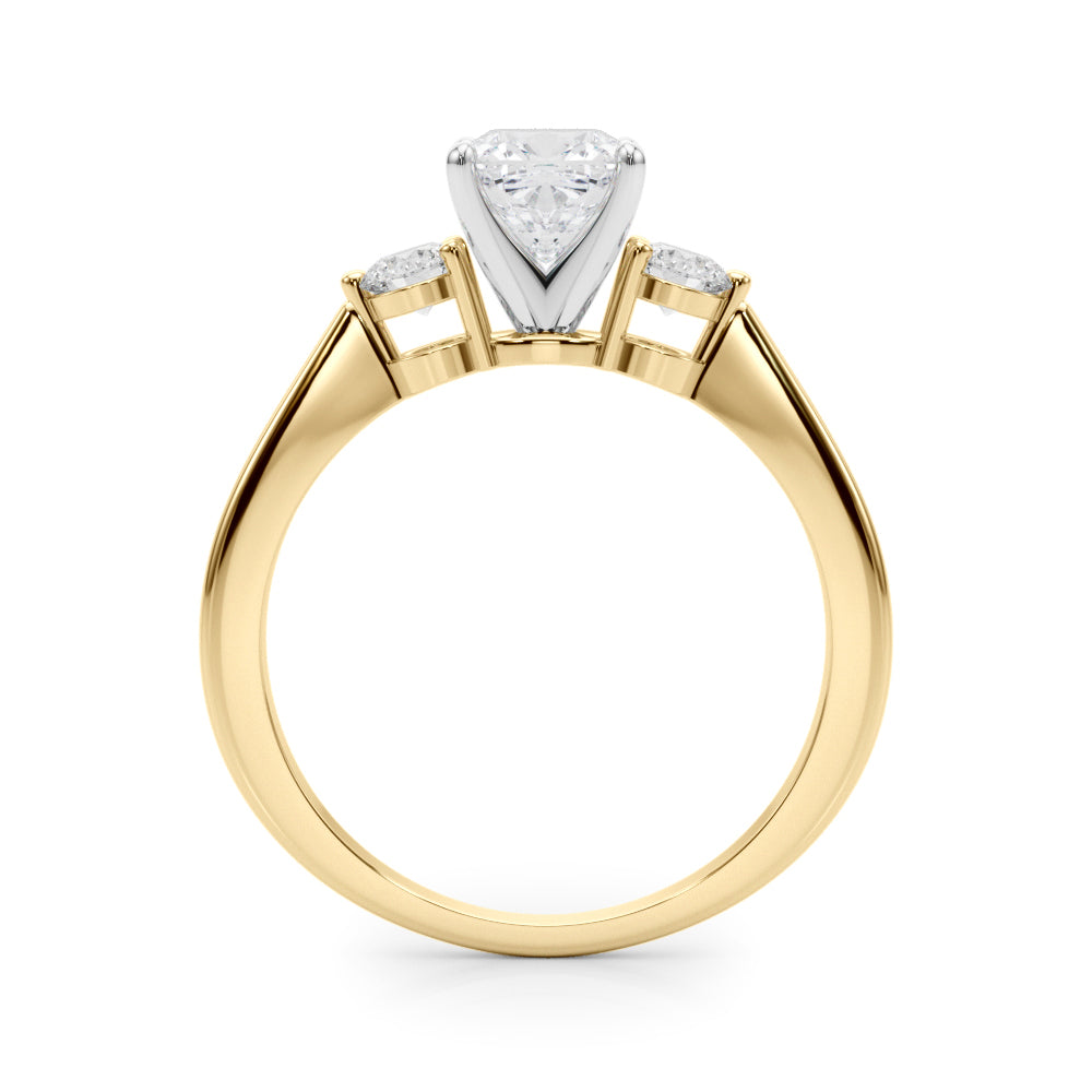 LUMEO Cushion Three Stone Diamond Engagement Ring Side View in 18k Solid Yellow Gold 