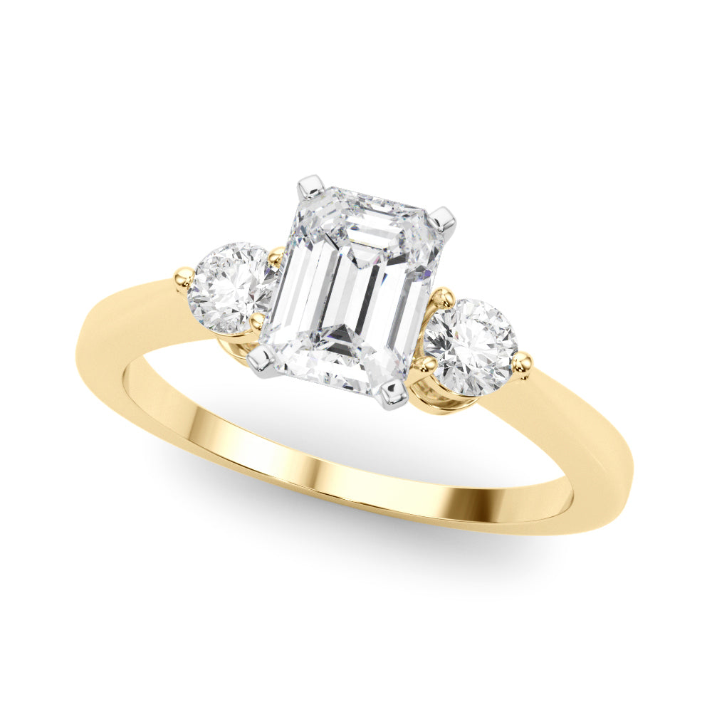 LUMEO Emerald Three Stone Diamond Engagement Ring Front View in 18k Solid Yellow Gold 