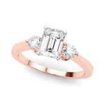 LUMEO Emerald Three Stone Diamond Engagement Ring Front View in 18k Solid Rose Gold 