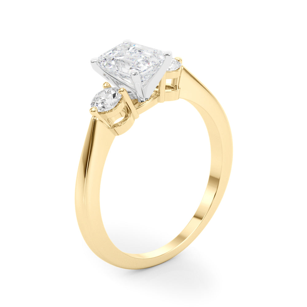 LUMEO Emerald Three Stone Diamond Engagement Ring Angle View in 18k Solid Yellow Gold 