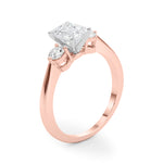 LUMEO Emerald Three Stone Diamond Engagement Ring Angle View in 18k Solid Rose Gold 