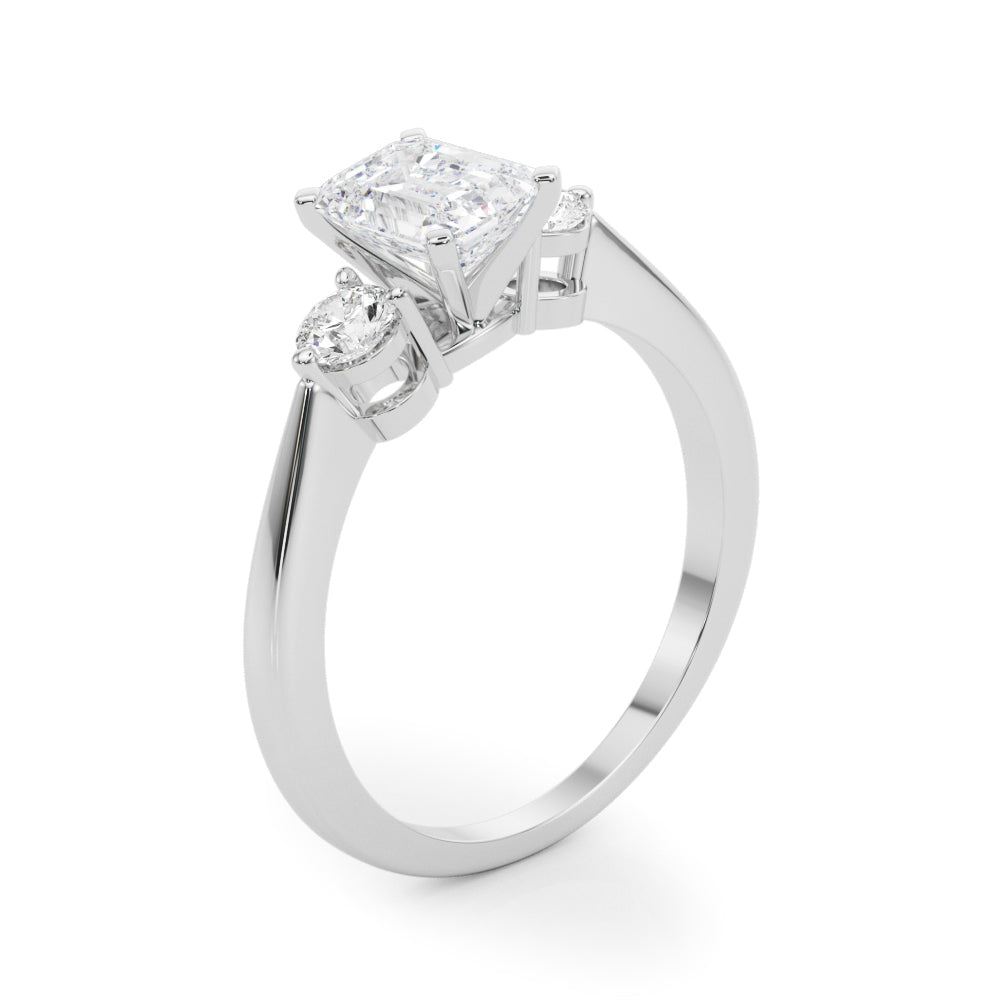 LUMEO Emerald Three Stone Diamond Engagement Ring Angle View in Platinum 