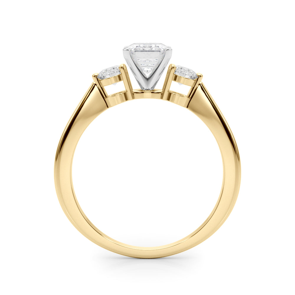 LUMEO Emerald Three Stone Diamond Engagement Ring Side View in 18k Solid Yellow Gold 