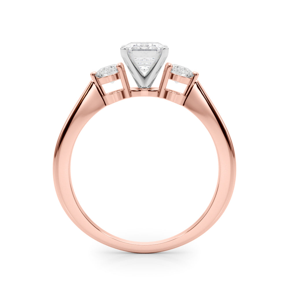 LUMEO Emerald Three Stone Diamond Engagement Ring Side View in 18k Solid Rose Gold 