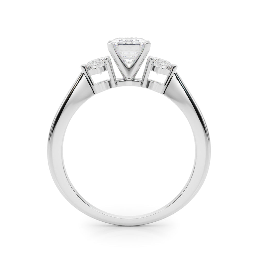 LUMEO Emerald Three Stone Diamond Engagement Ring Side View in Platinum 