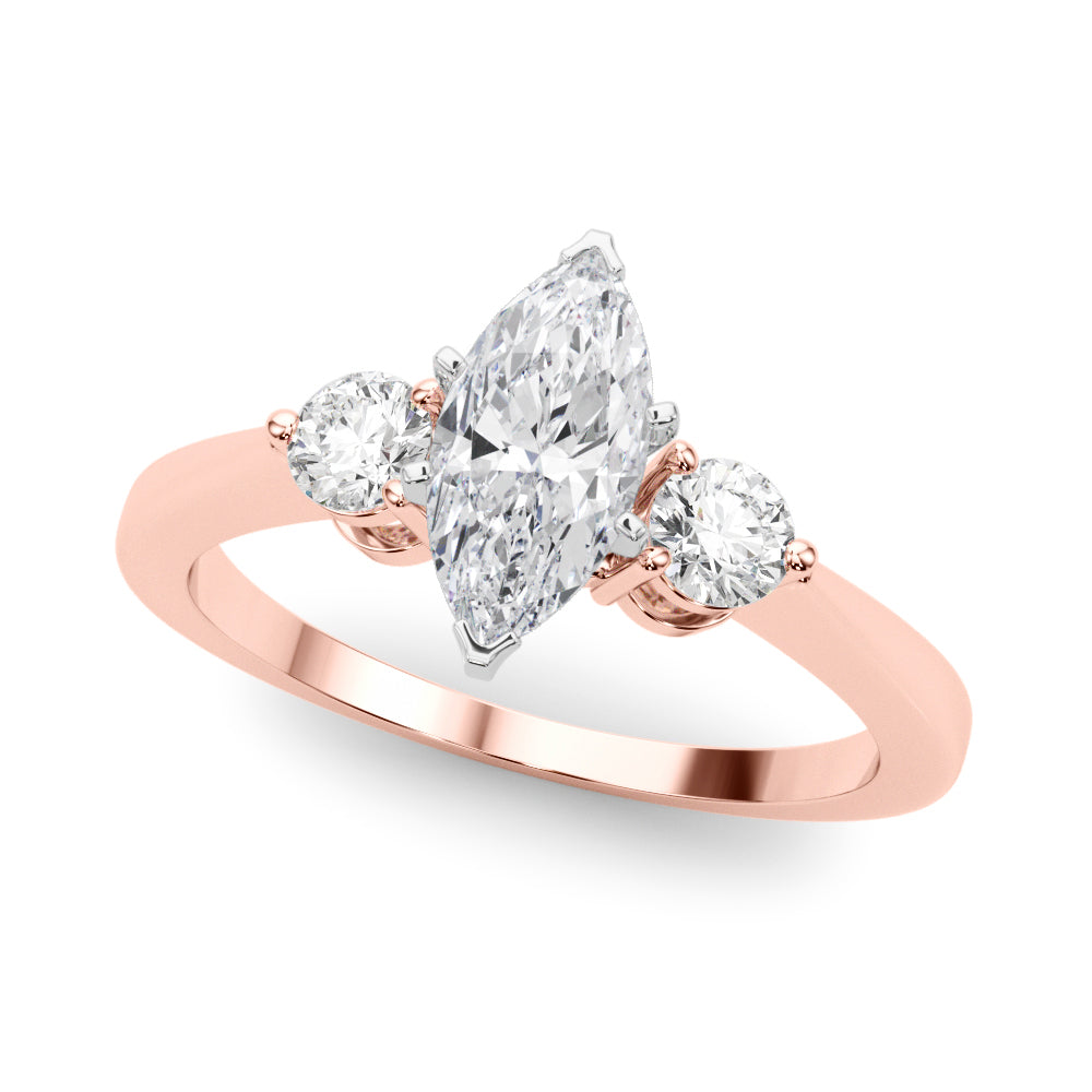 LUMEO Marquise Three Stone Diamond Engagement Ring Front View in 18k Solid Rose Gold 